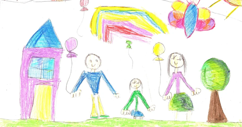 Next to the house, children usually draw family members, with parents portrayed as taller and more robust compared to themselves and their siblings, whose heights vary with age. At the top of the drawing, a smiling yellow sun and a light blue sky are frequent features, suggesting a sense of security, carefree joy, and optimism. This typical drawing indicates that children feel safe within their family environment, observing the world from the comfort of their home.